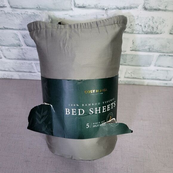Cosy House Collection 100% Bamboo Grey SPLIT KING 5pc‎ Sheet Set Corner Straps - Picture 1 of 5